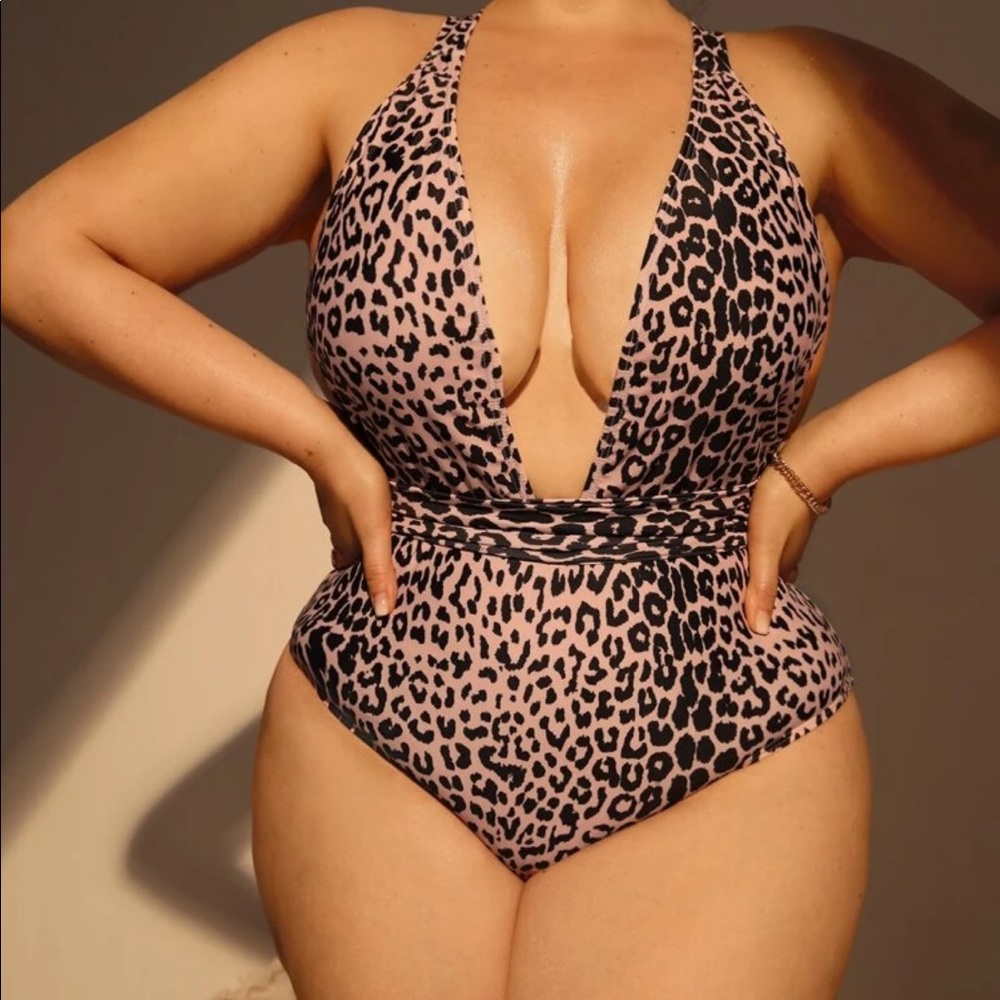 Pink Plus Leopard Print Crisscross Backless One Piece Swimsuit